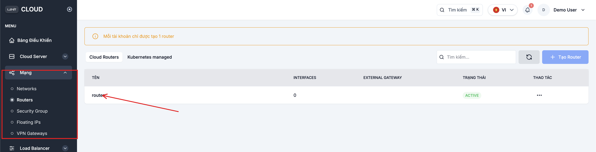 Danh sách Router với External Gateway chưa kích hoạt