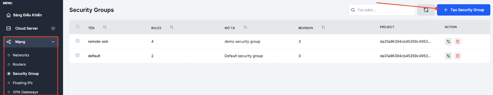 Trang Security Group với nút Tạo