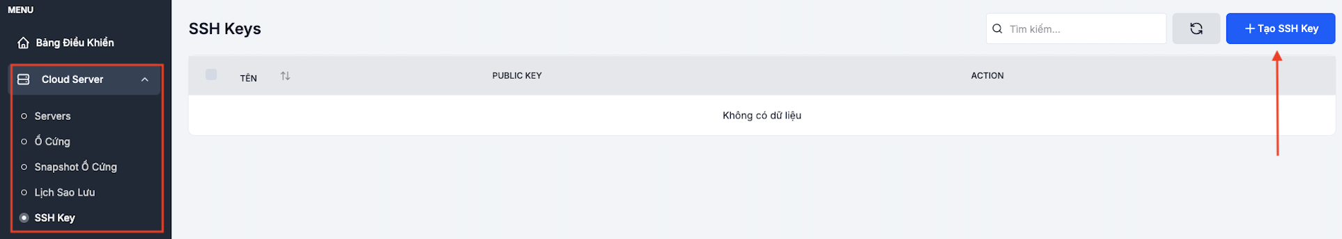Trang danh sách SSH Key với nút Tạo SSH Key