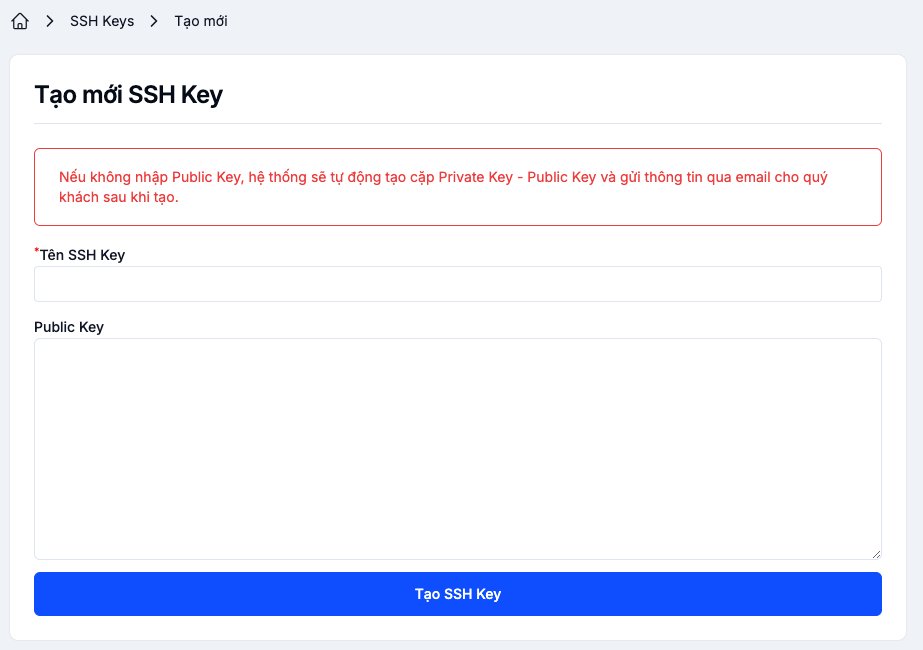 Form tạo SSH Key với tên và public key
