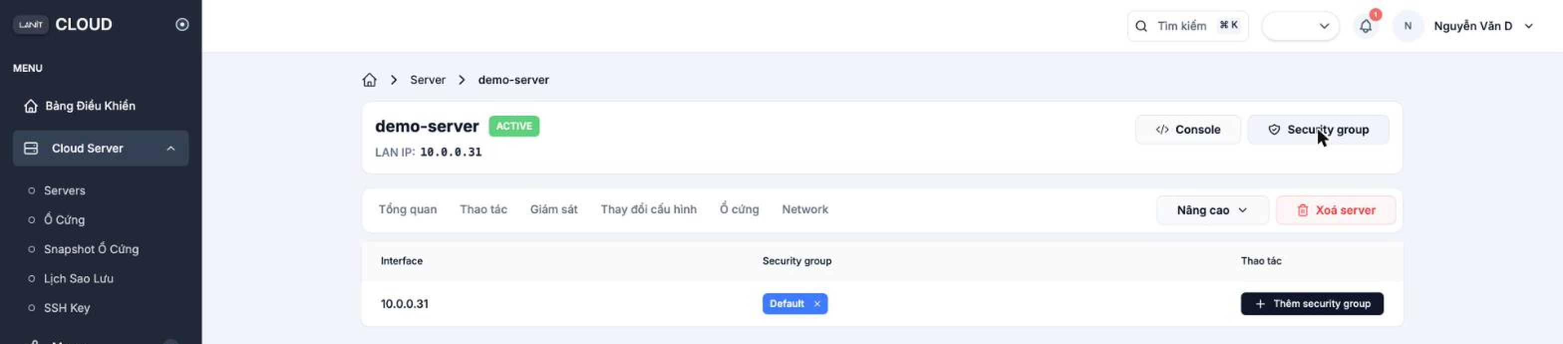 Danh sách Security Group gắn vào máy ảo