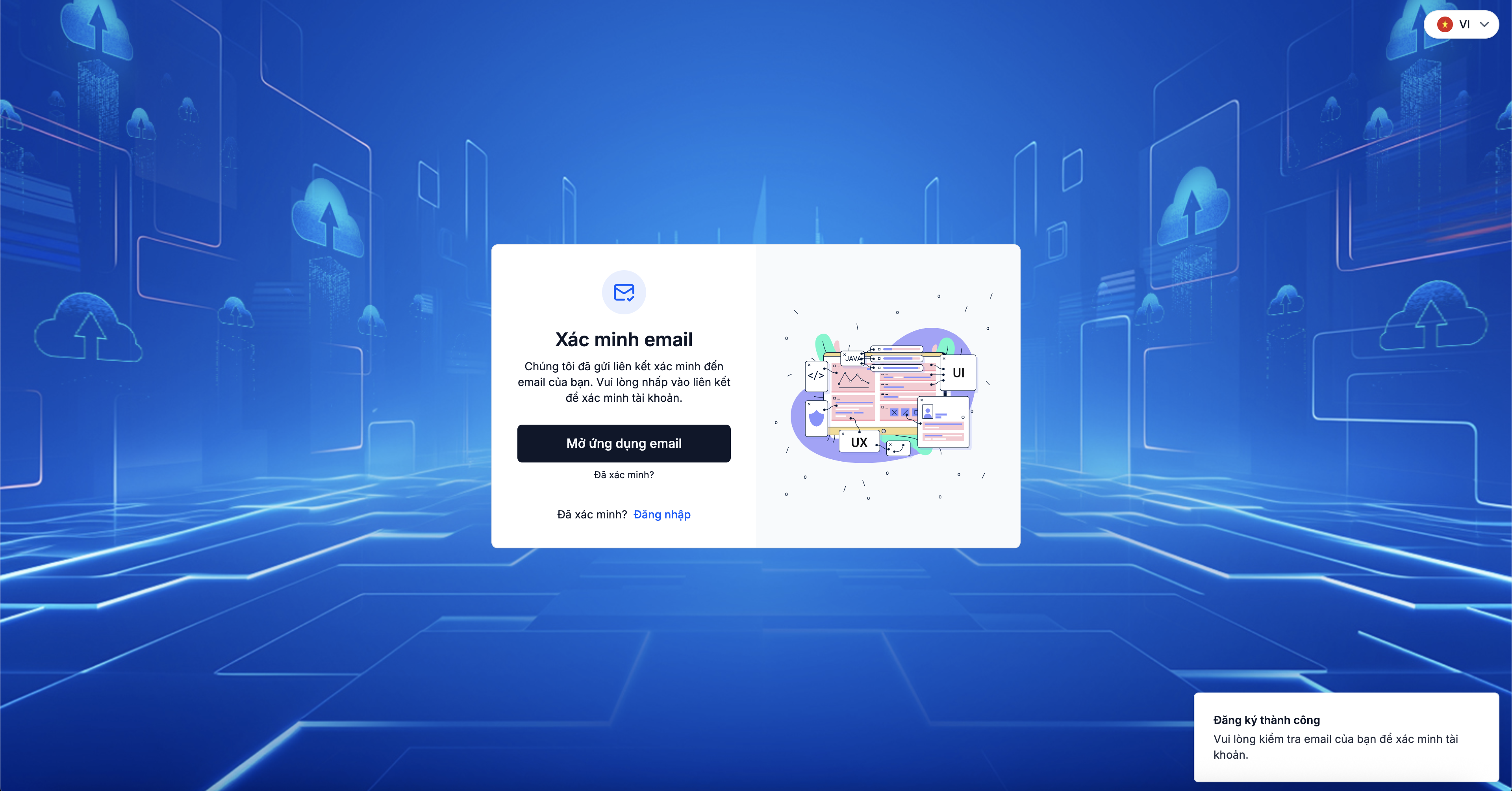 Modal xác minh email và thông báo đăng ký thành công