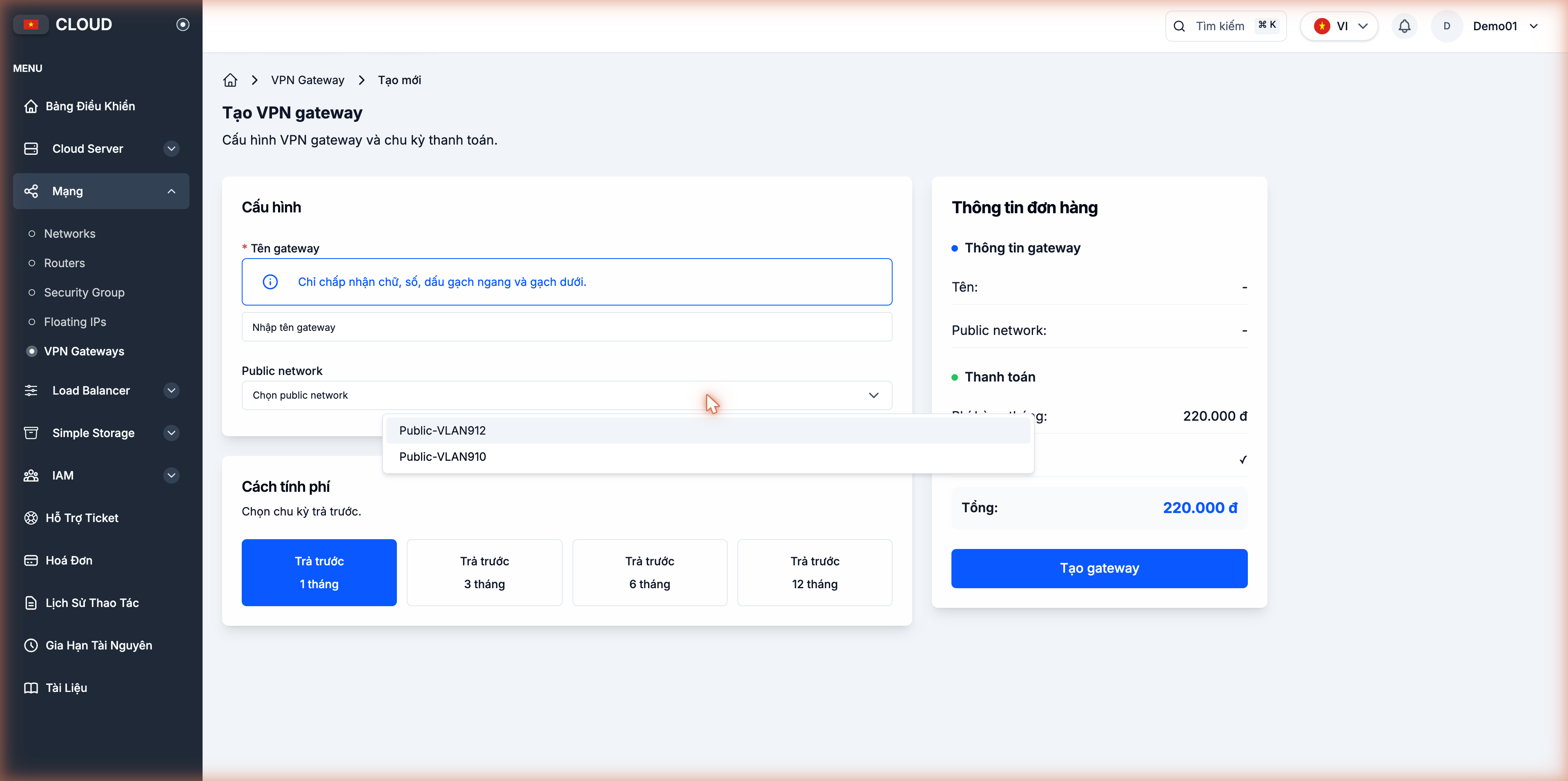 Dropdown chọn Public Network