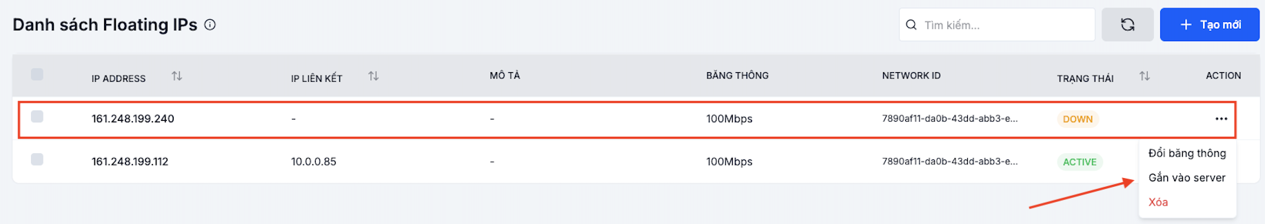 Menu thao tác Floating IP với mục Gán vào server