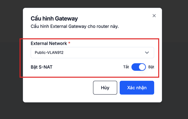 Hộp thoại Set Gateway với External Network và S-NAT