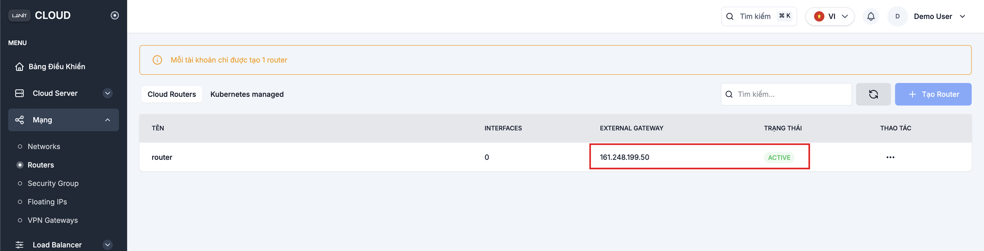 Router với External Gateway IP đã active