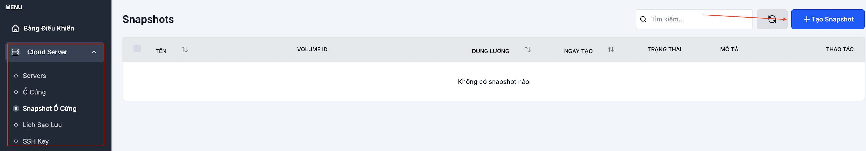 Trang Snapshot Volume với nút Tạo Snapshot