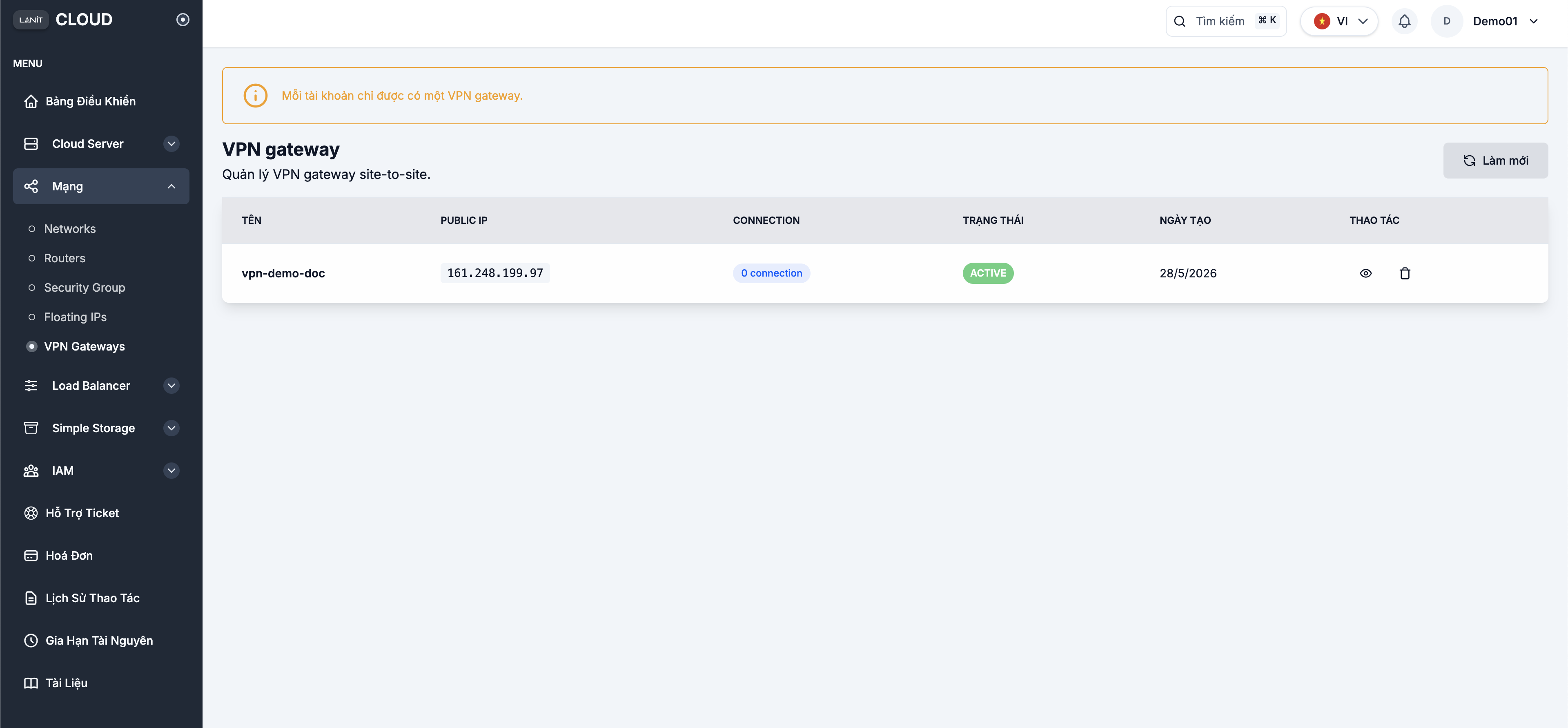 VPN Gateway vừa tạo, Public IP đã cấp, trạng thái Active