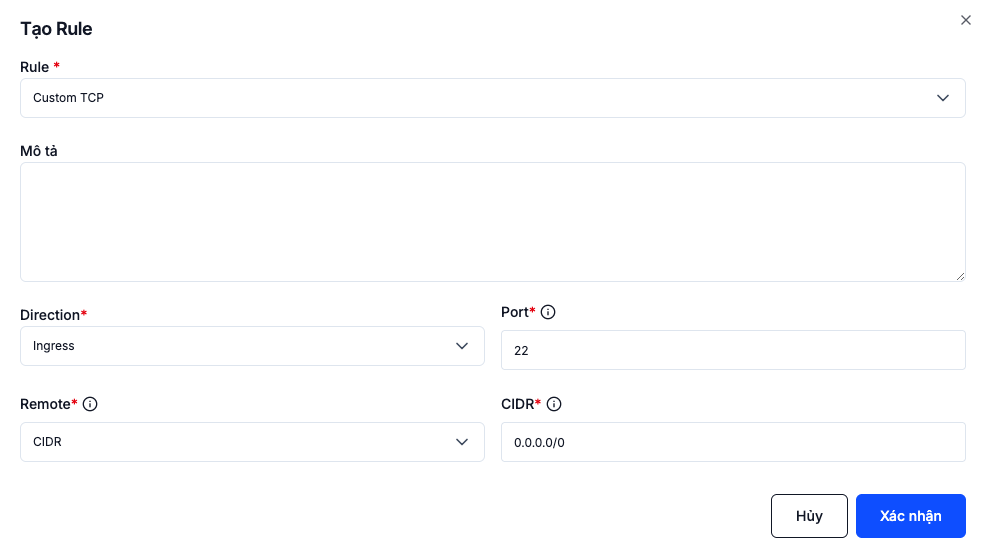 Form tạo rule với các trường