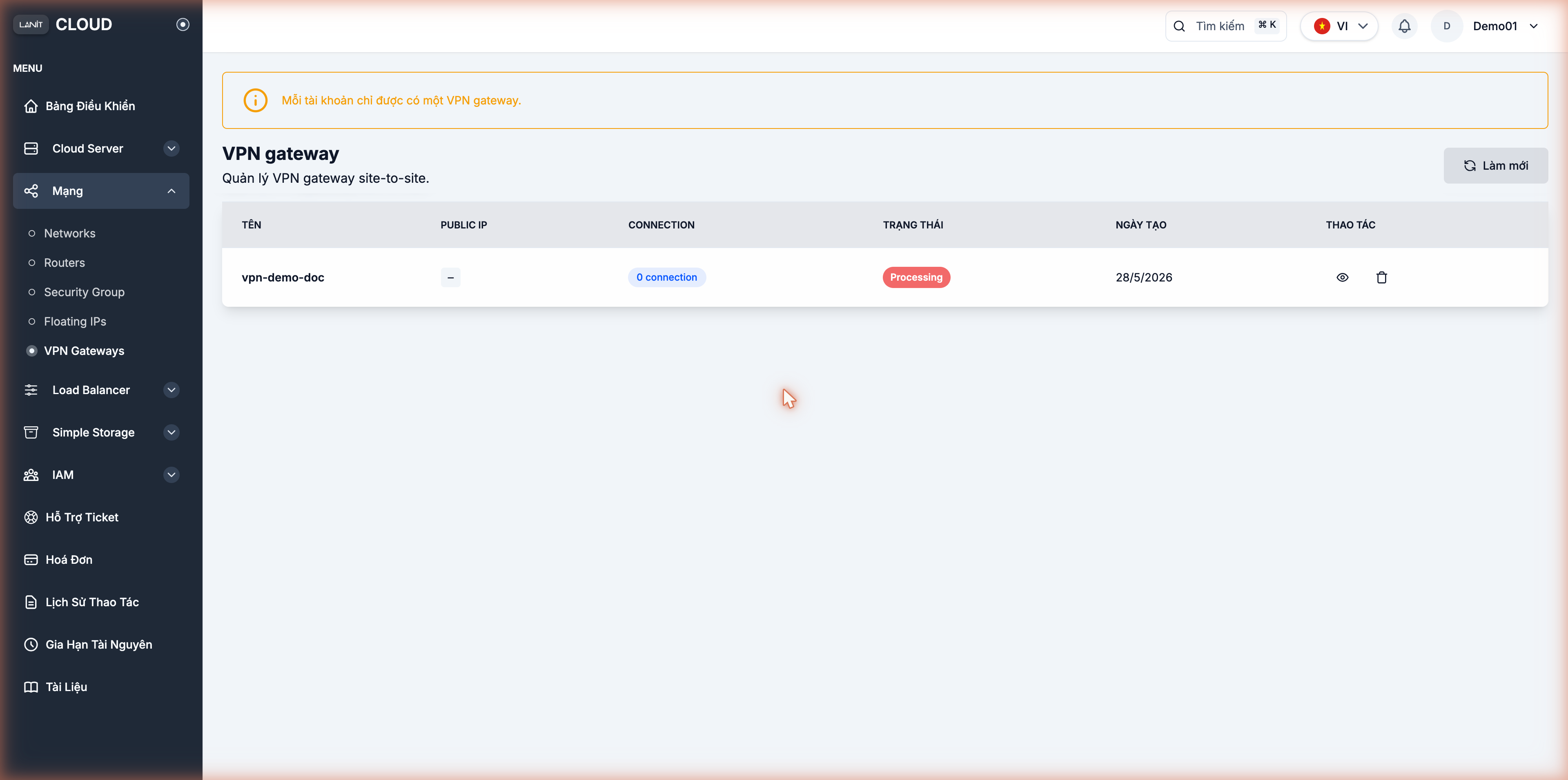 VPN Gateway vừa tạo, Public IP đã cấp, trạng thái Processing