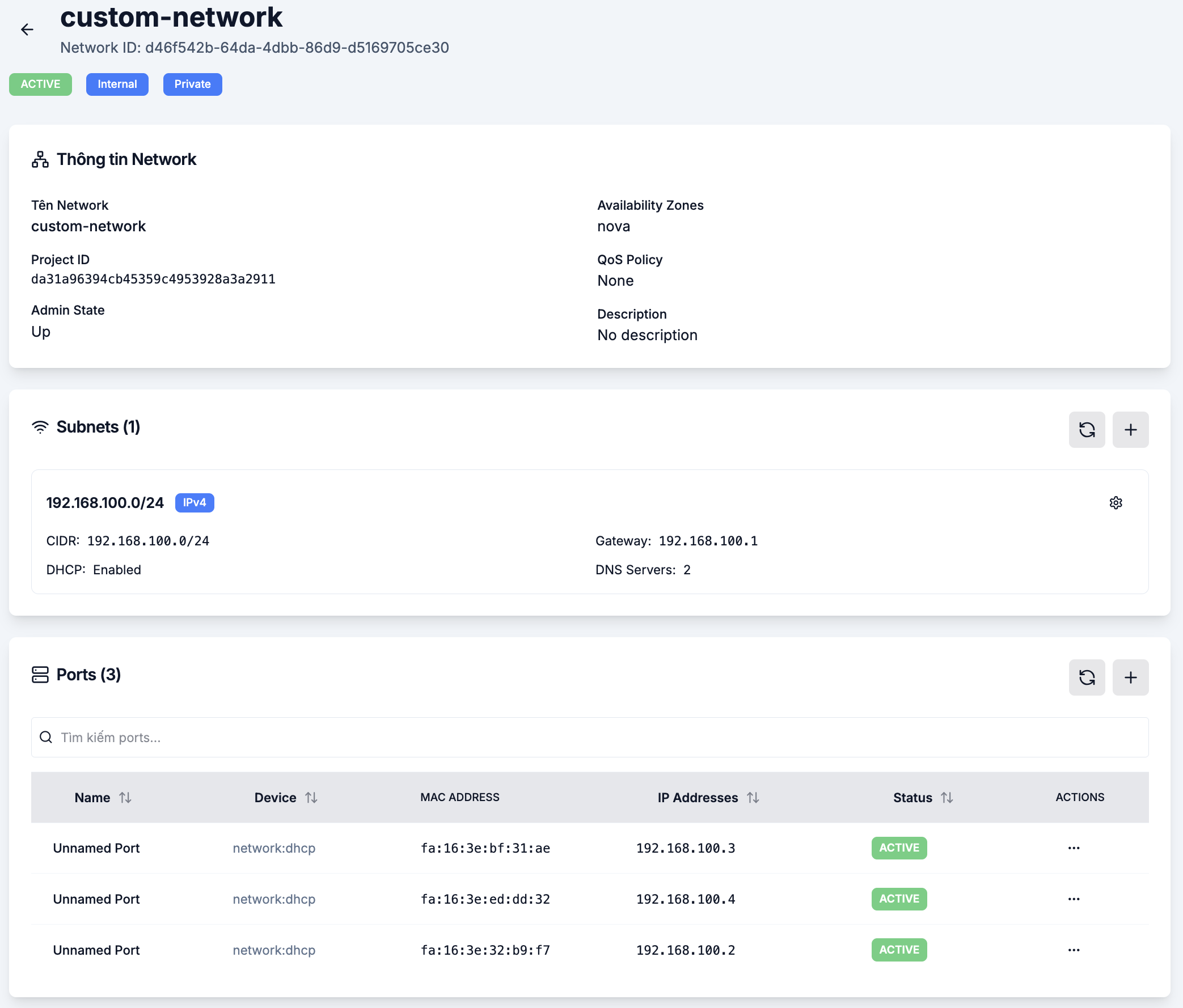 Subnet đã tạo thành công trong Network