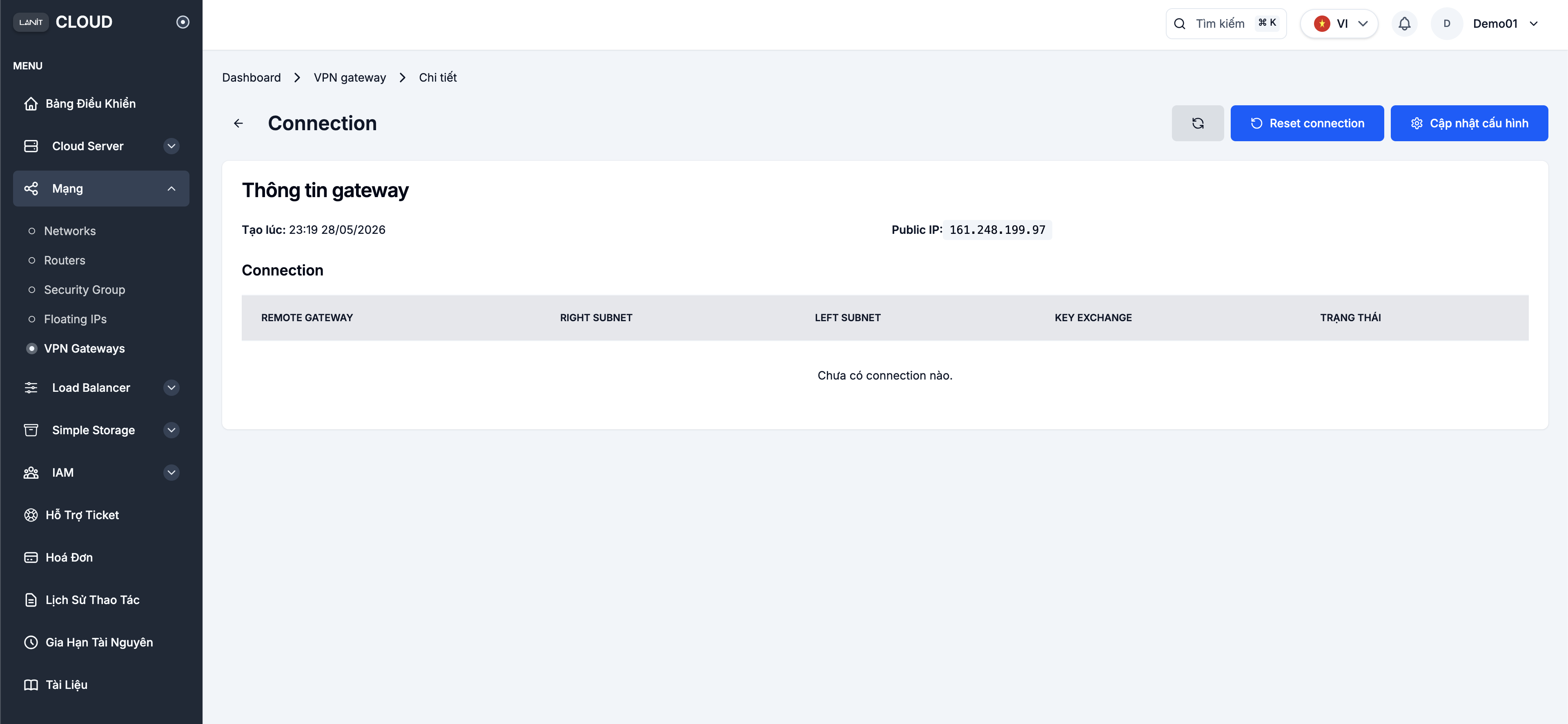 Trang chi tiết VPN Gateway — chưa có connection