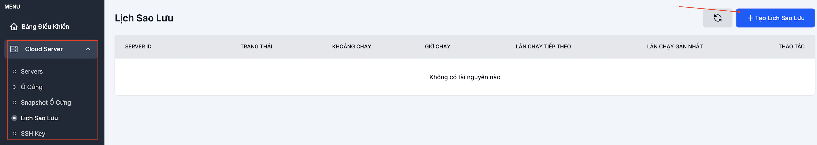 Trang Lịch sao lưu với nút Tạo lịch
