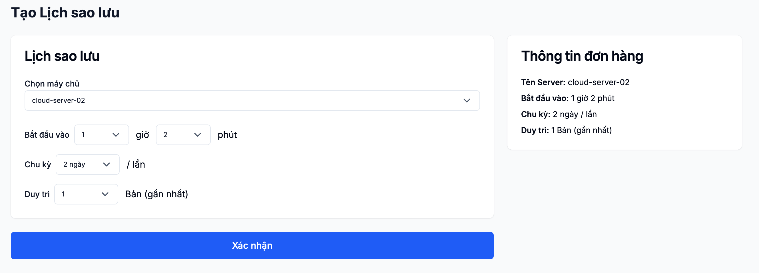 Form cấu hình lịch sao lưu tự động