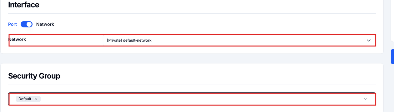 Chọn Network ở mục Interface và Security Group