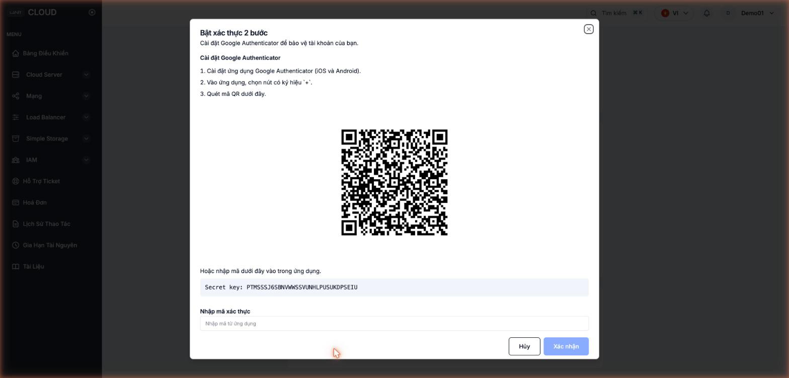 Hộp thoại bật 2FA với mã QR và Secret key