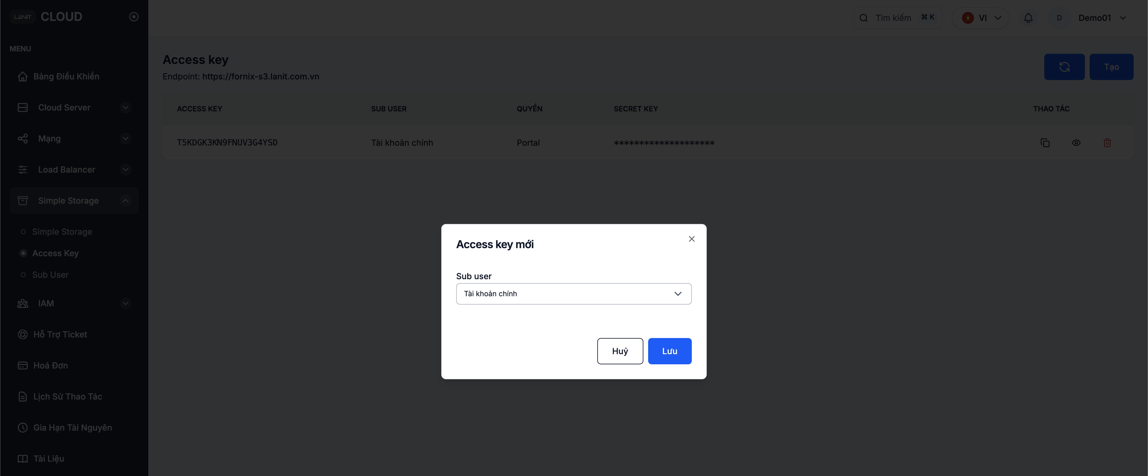 Dialog tạo Access Key mới