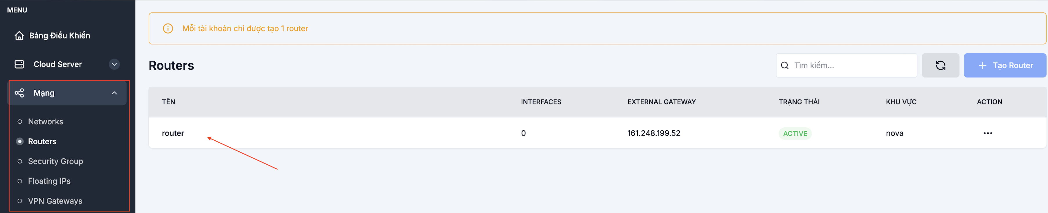 Routers list with the Network menu open