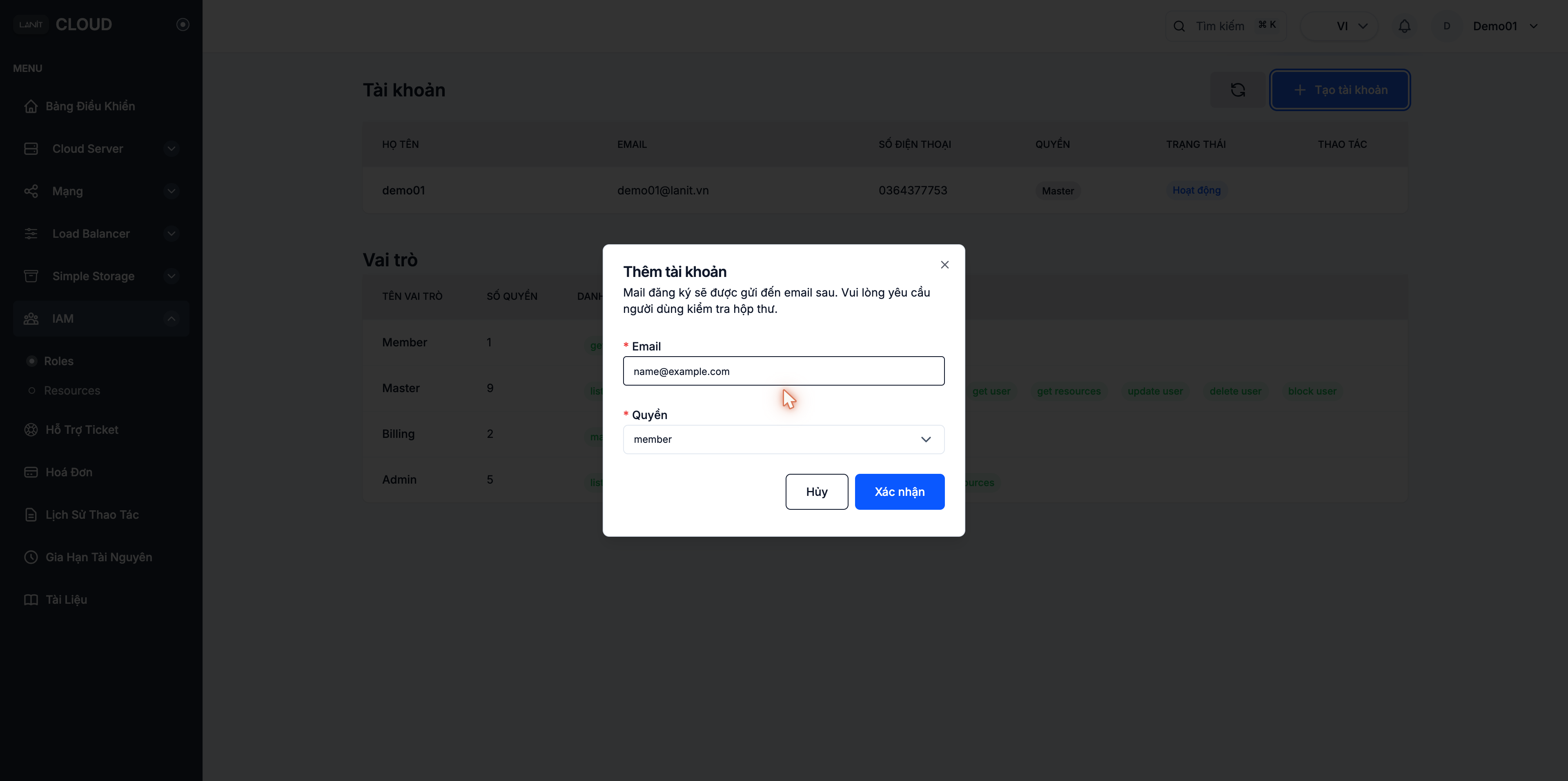 Add account dialog with the role picker