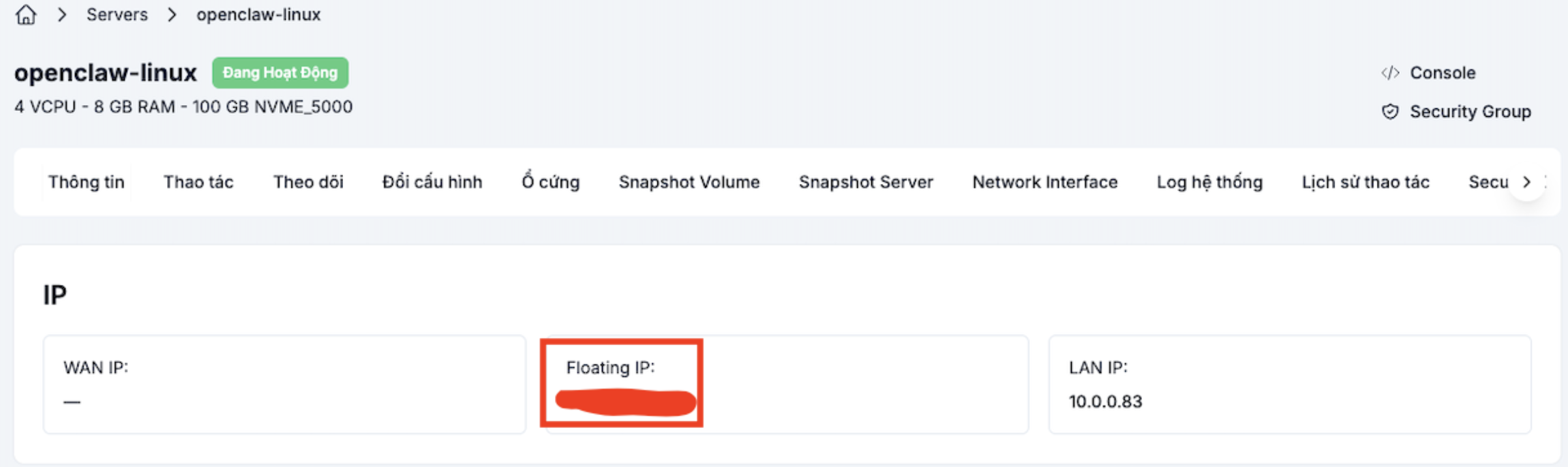 Floating IP block on the VM detail page