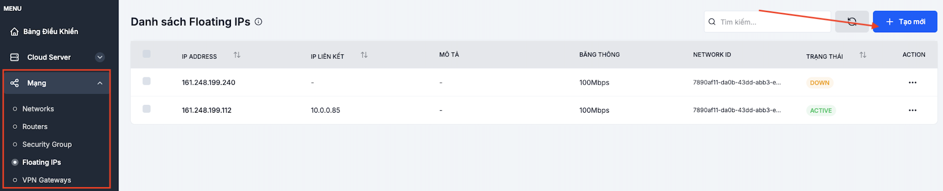 Floating IPs page with the Create button