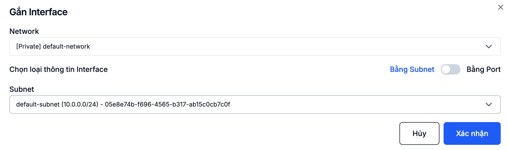 Dialog to pick the Network and IP for the new interface