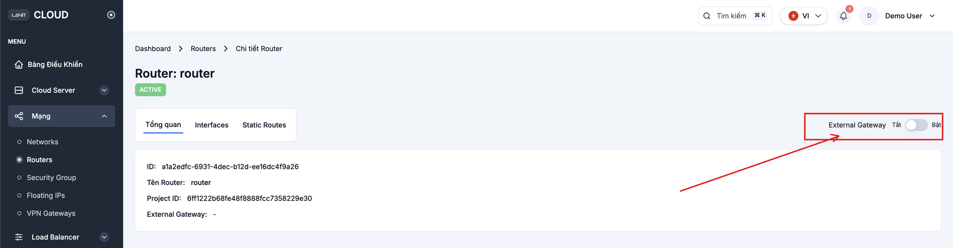 Router detail page with the External Gateway toggle