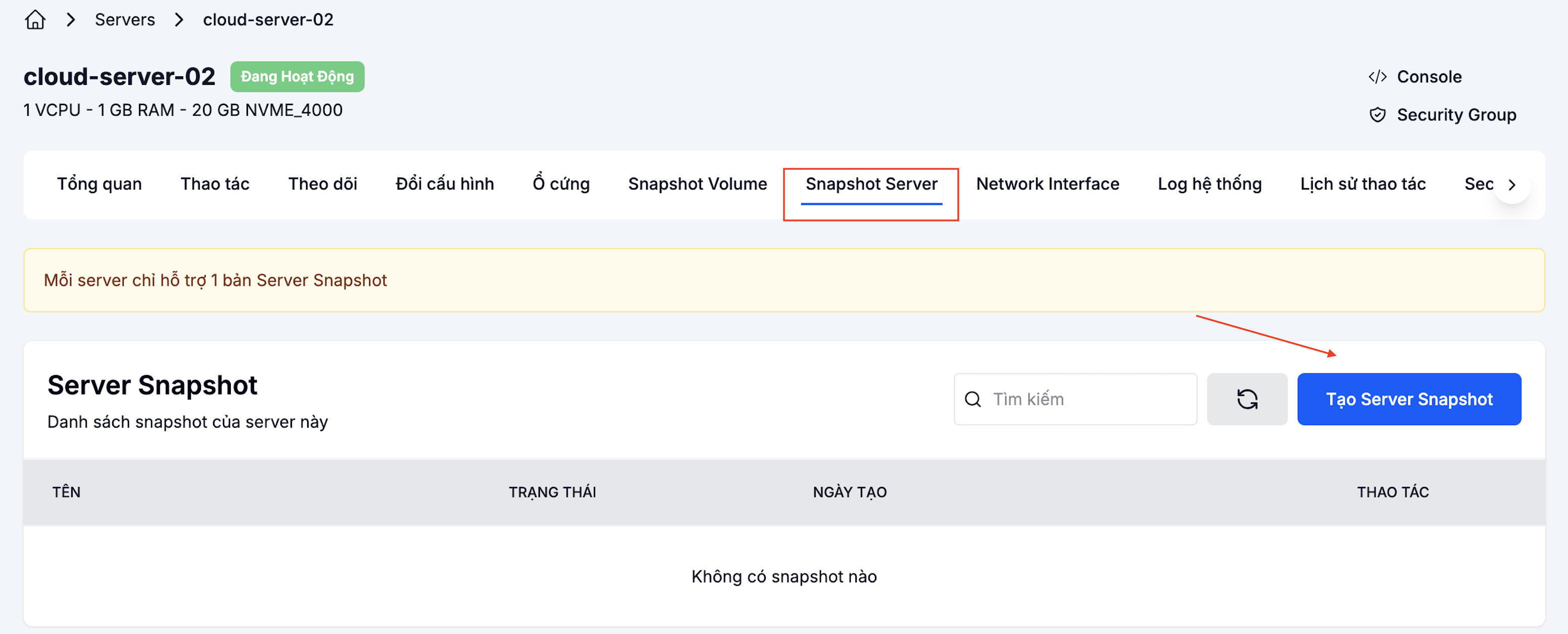 Server Snapshot tab with the Create Snapshot button