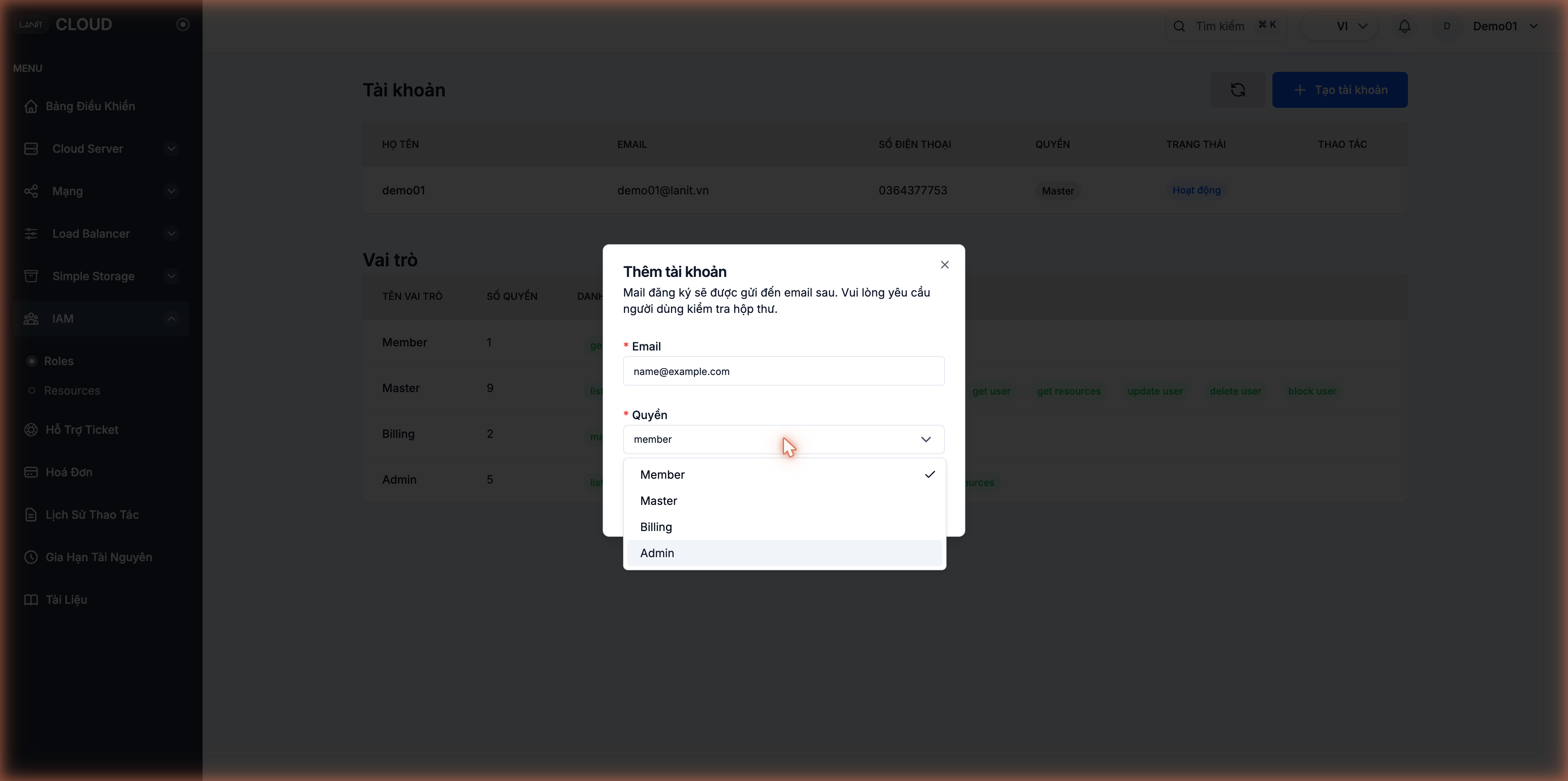 Role picker dialog for a sub-account