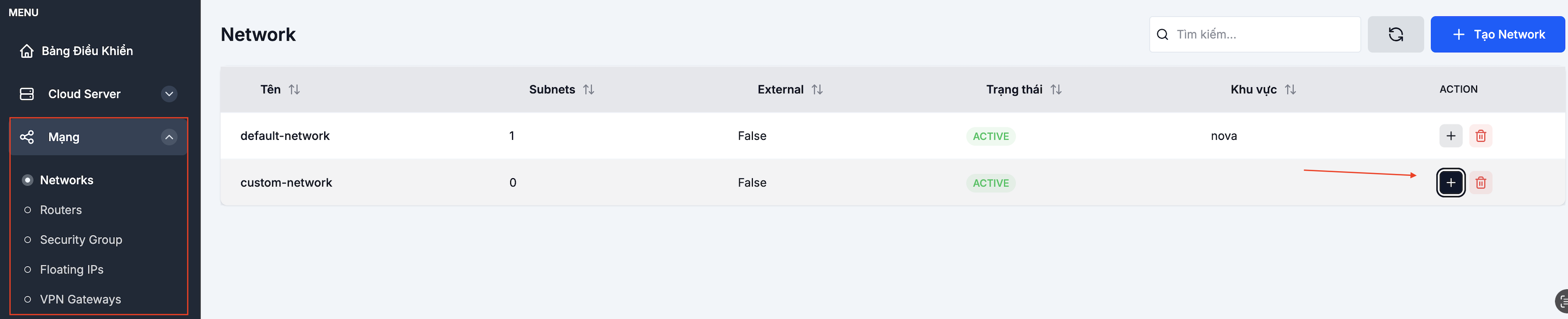 Add subnet button on a Network