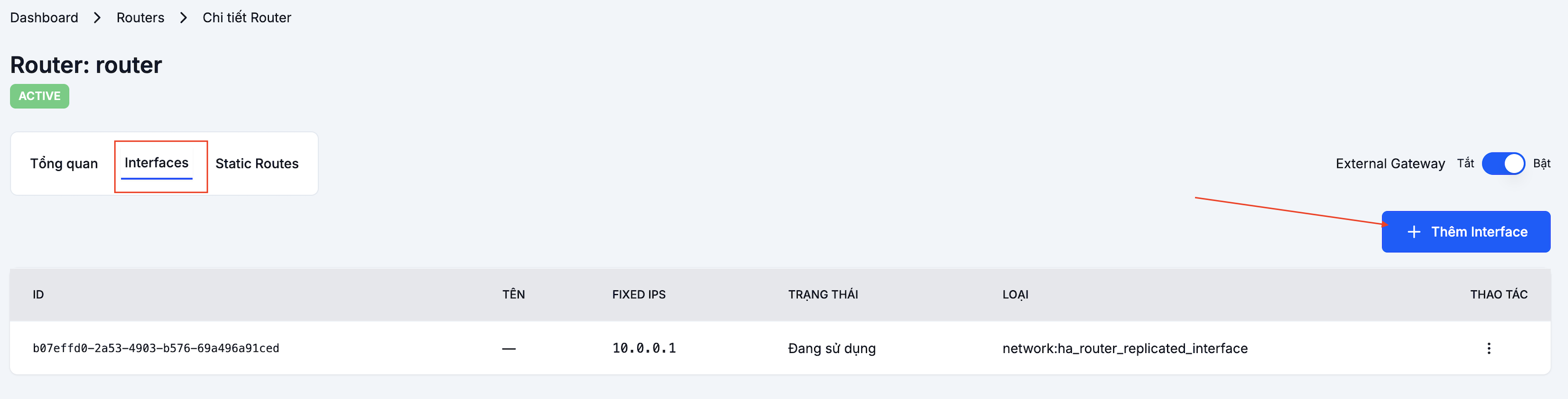 Interfaces tab with the Add Interface button