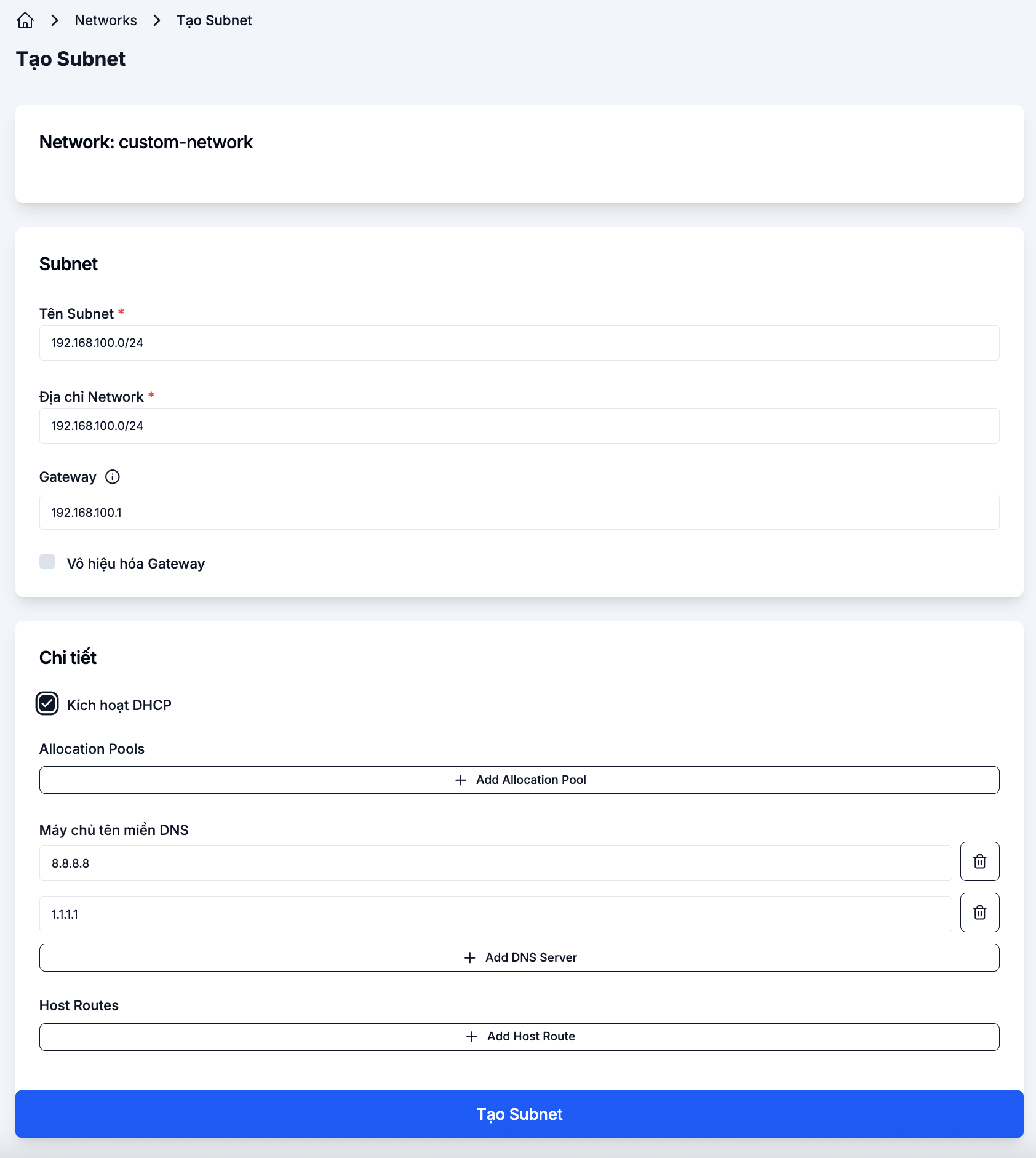 Subnet configuration form