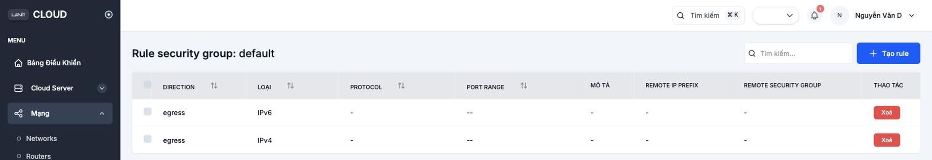 SG detail page with the Create rule button