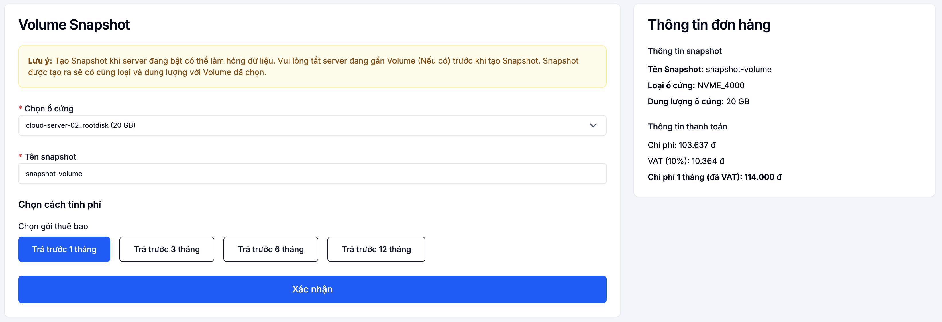 Create Volume Snapshot form