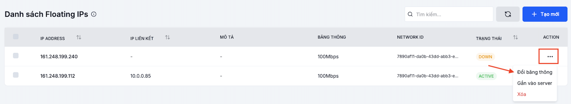 Change bandwidth menu