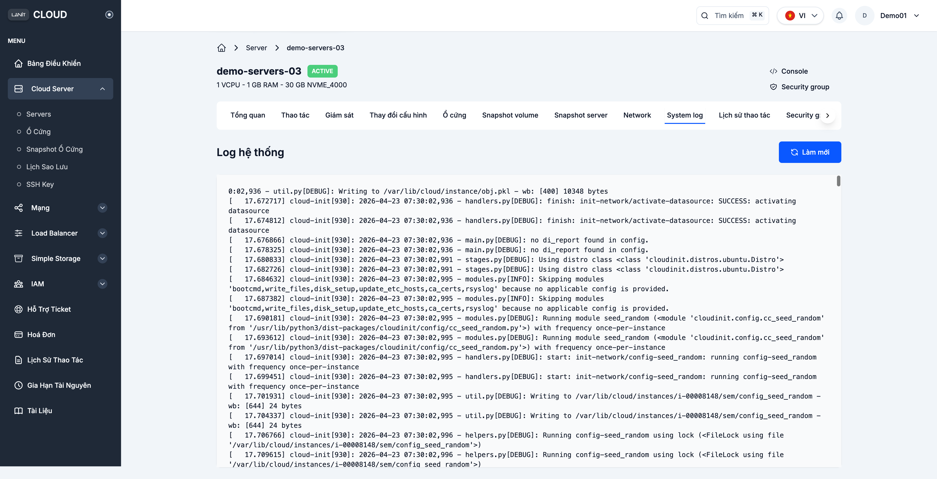 System log tab with cloud-init output
