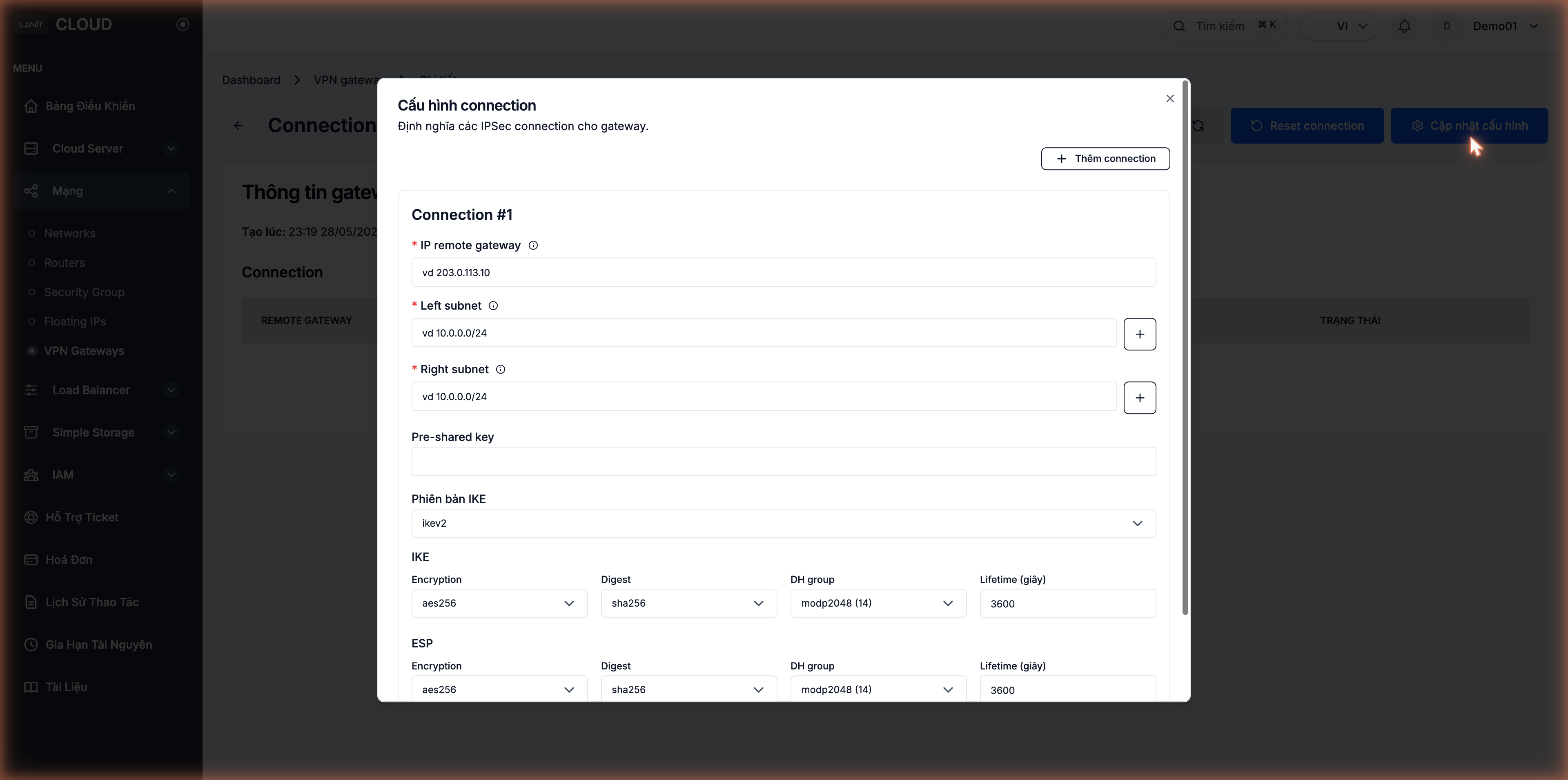Connection configuration form — Connection #1