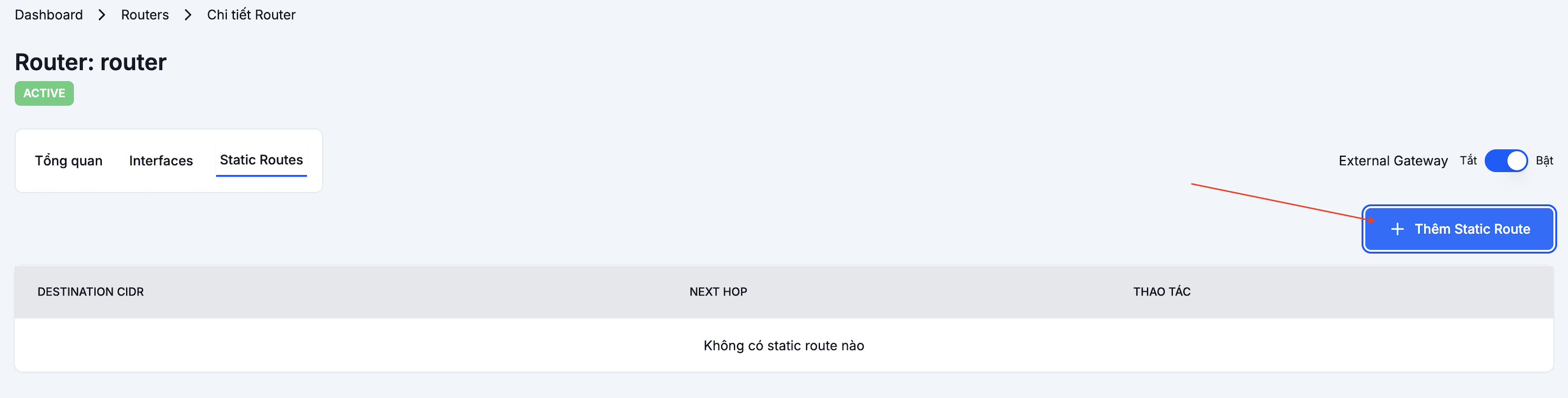 Static Route tab with the Add button