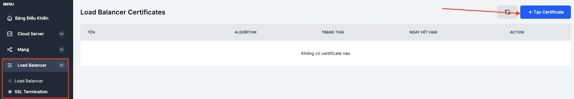 SSL Certificate page with the Create button